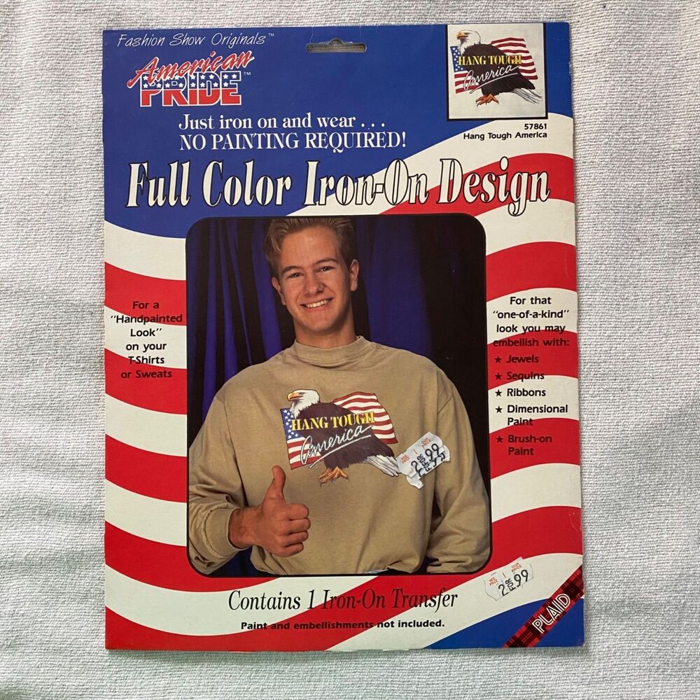 Plaid 1990s  Hang Tough  America Eagle Flag Full Color Iron-on Transfer #57861